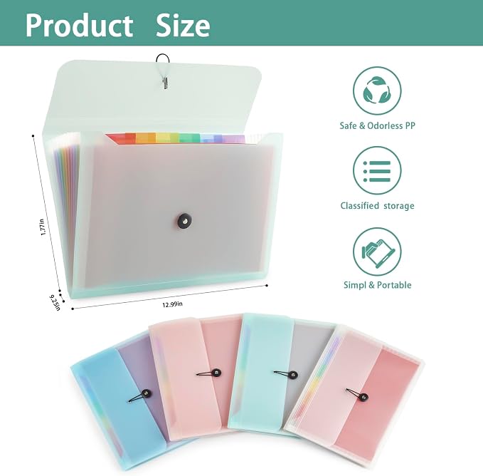Expanding File Folder File Organizer 13 Pocketsr Accordion Filing Folder for Documents Aesthetic Paper Organizer Folder for Work, School, Home, Office (Transparancy White)