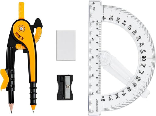 Vobou Compass and Protractor Set, 6 Inch Protractor with Swing Arm (Orange) | Compasses for Math for Drafting, Sharpener, Eraser and 180 Degree 6 Inch Clear Protractor, Easy Grip, School Supplies
