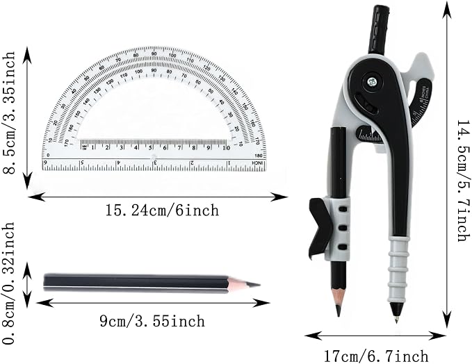 Vobou Compass for Geometry Set, 6 Inch Protractor, Clear Plastic (Black) | 6 Inch Compass, Sharpener and Eraser, Easy Grip, Drafting Tool for Scool, Art, Drawing Precision Design for Math