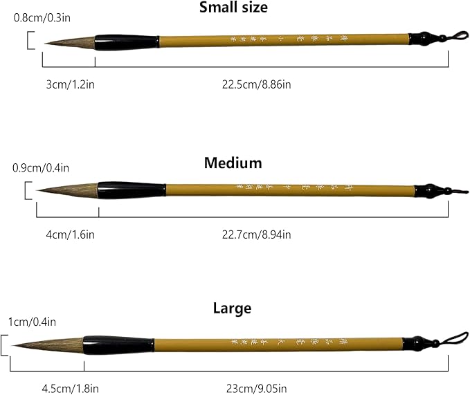 3 Sizes Chinese Calligraphy Brush Set, Chinese Writing Brushes, Wooden Ink Watercolor Painting Brushes Traditional Art Sumi Brush Wolf Hair (Large, Medium, Small)