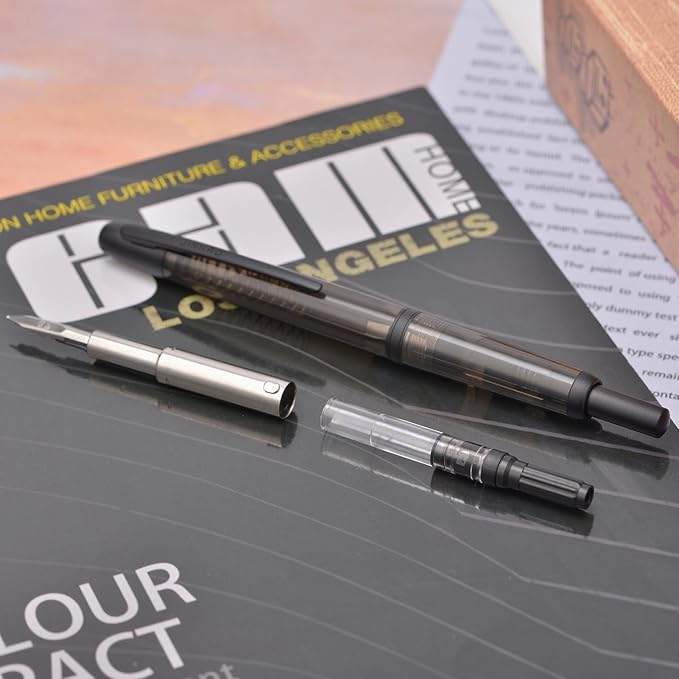 Jinhao 20 Press Retractable Fountain Pen Medium Nib with Converter Resin Writing Gift Pen, Transparent Black