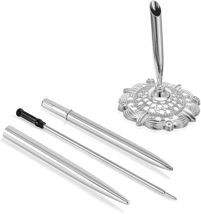 Hollow Round Pen Holder Signing Pen Set for Wedding Bridal Engagement Valentine's Day Favors,Silver