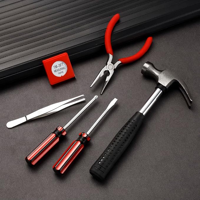 Hand Tool Set,Includes – Hammer, Screwdriver Set, Pliers (Tool Kit for the Home, Office, or Car) (Red)