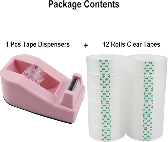 Desktop Tape Dispenser,1 Pack Pink Tape Dispensers with 12Rolls Transparent Tape, for Packaging in Office,Restaurant, Flower Shop,Cake Shop (Pink)
