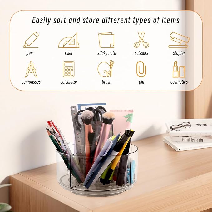 Rotating Pencil Holder for Desk,5 Slots 360° Spinning Acrylic Pen Holder,Marker Holder Crayon Organizer Pen Organizer for Office Home School