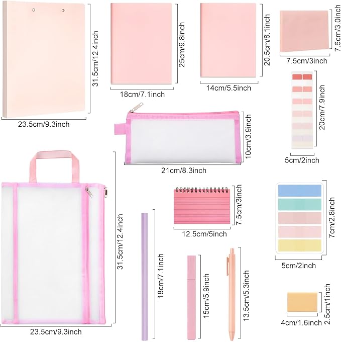 Colarr 54 Pcs Aesthetic College School Supplies Back to School Set,Pink | 3 A5 + 3 B5 Lined Notebook, 12 Gel Pen, 12 Pencil, 12 Highlighter, Sticky Tabs, Folder Storage Bag, Journal Stationery Set