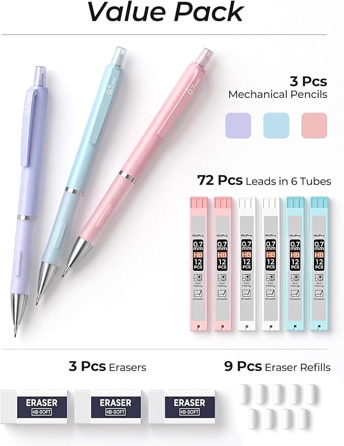 Nicpro 3PCS Cute Mechanical Pencil Set with Case, 0.7 mm Pencils with 6 Tube HB Lead Refill, 3PCS Eraser, 9PCS Eraser Refill for School Supplies Student Writing, Drafting Drawing Sketching
