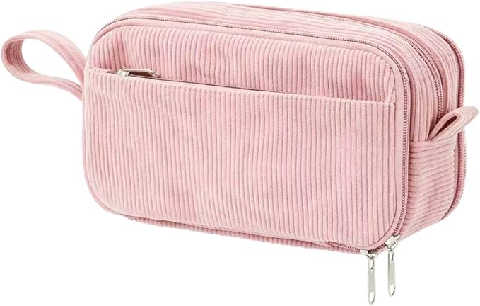 BuyCard Pink Corduroy Pencil Case, Large Capacity, Casual Style, Zipper Pouch Organizer for Teen Girls, Cute Stationery Storage and Organizer, Supplies for Teen and Adult Girls