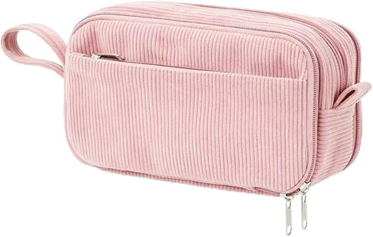 BuyCard Pink Corduroy Pencil Case, Large Capacity, Casual Style, Zipper Pouch Organizer for Teen Girls, Cute Stationery Storage and Organizer, Supplies for Teen and Adult Girls