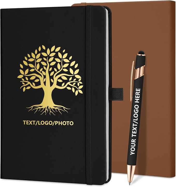 ENOMY Personalized Notebook 10 PC Pens Custom Notebook with Pen Holder Personalized Journal Strap Design for Men Women Ideal Gift, Black