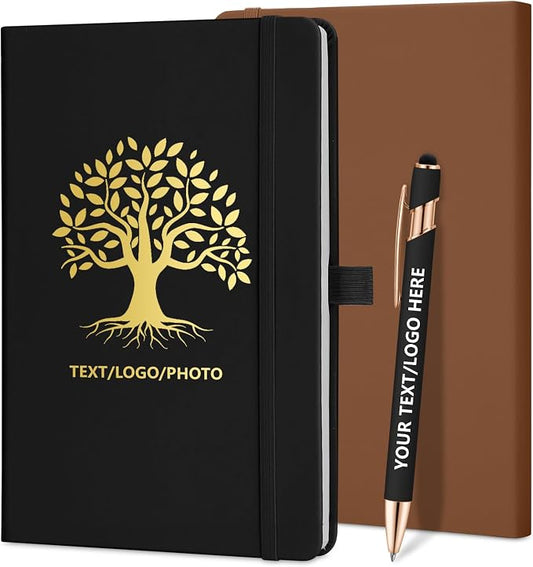 ENOMY Personalized Notebook 10 PC Pens Custom Notebook with Pen Holder Personalized Journal Strap Design for Men Women Ideal Gift, Black