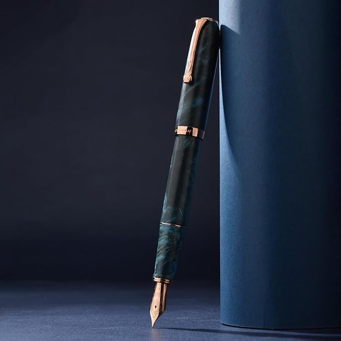 HONG DIAN A10 Stabilized Wood Fountain Pen, Extra Fine Nib Chinese Knot Carving Handcraft Pen with Magnetic Cap and Metal Case Set (Galaxy Blue)