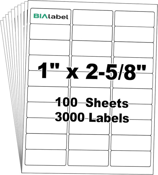 1 x 2-5/8 Inch Address Labels, 100 Sheets, 3,000 Labels | 30 Labels Per Sheet for Laser & Inkjet Printers, Smooth White Surface, Permanent Adhesive, Clear Printing