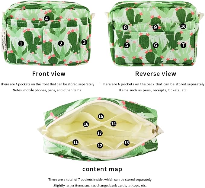 E-WEICHEN Multiple Pockets Portfolio Organizer with Zippered, Makeup Bag Travel Essentials for Women, Simple Waterproof Stationery Pencil Pouch Bag for Journal Office Art Supplies.Green Cactus