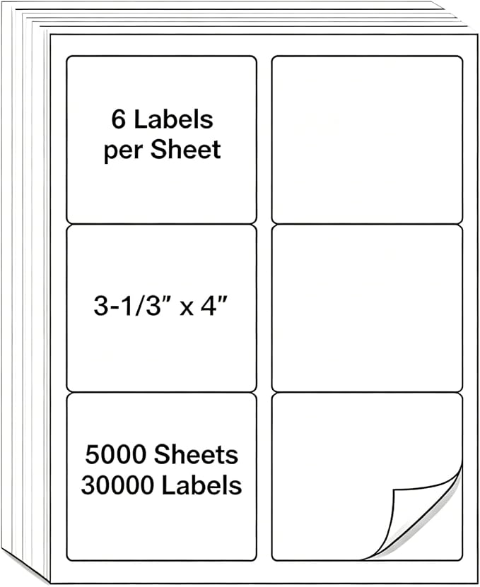 MPRT 5000 Sheets 3-1/3" x 4" Shipping Address Labels Printable Label Stickers Paper for Laser/Inkjet Printer 6 per Page Mailing Labels, FBA Box Labels - Matte, 30000 Labels