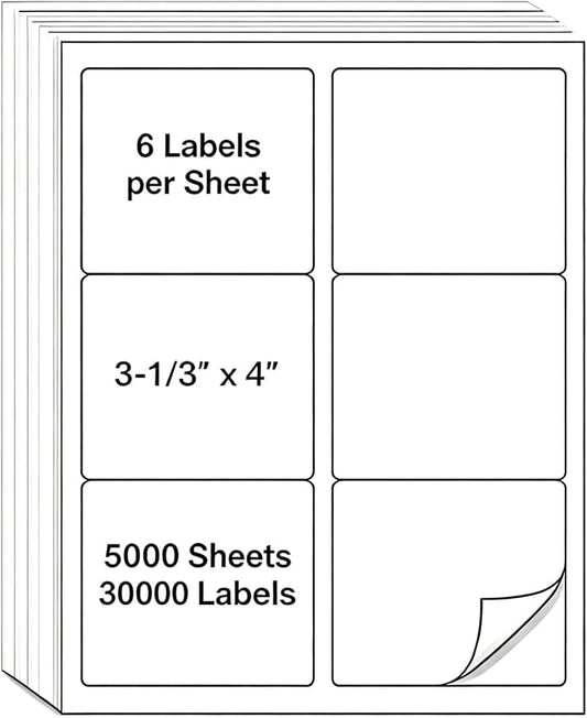 MPRT 5000 Sheets 3-1/3" x 4" Shipping Address Labels Printable Label Stickers Paper for Laser/Inkjet Printer 6 per Page Mailing Labels, FBA Box Labels - Matte, 30000 Labels