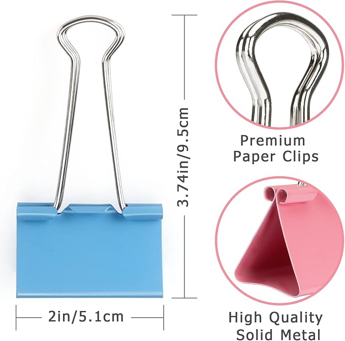 ZZTX 12 Pack Large Binder Clips 2.0 Inches Assorted Colors | Paper Clamps Clips, Durable steel, Strong clip, Color-coded