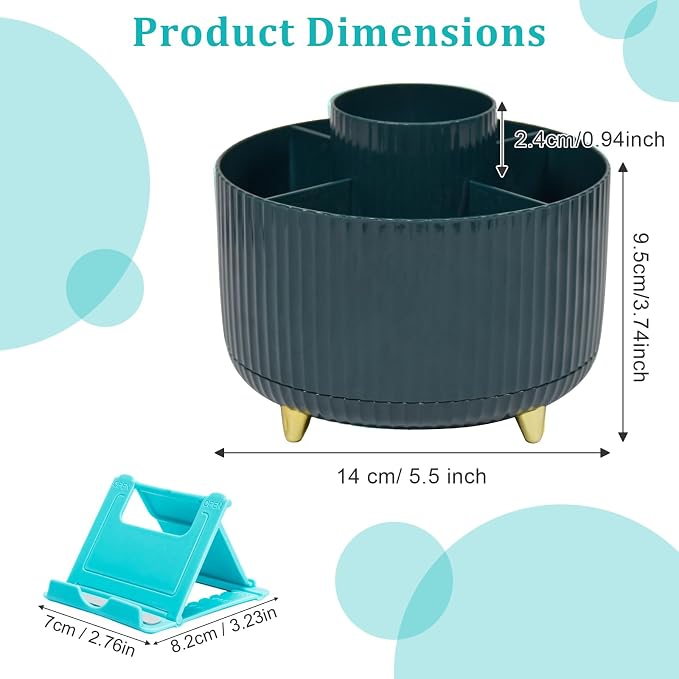 SAYEEC Rotating Pen Holder 5 Slots Desk Organizer with Adjustable Phone Stand Dark Green Makeup Brush Holder Organizer Cute Pencil Cup Pot Art Supply Storage Caddy for Office School Vanity Bathroom
