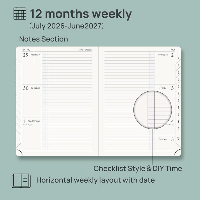 POPRUN Planner 2026-2027 (Size 6.75"x 8.75"), Academic Year Weekly Planner | Calendar Book Jul.2026 - Jun.2027, Appointment Book with Monthly Tabs, Leather Hardcover, Inner Pocket, 100GSM - Burgundy