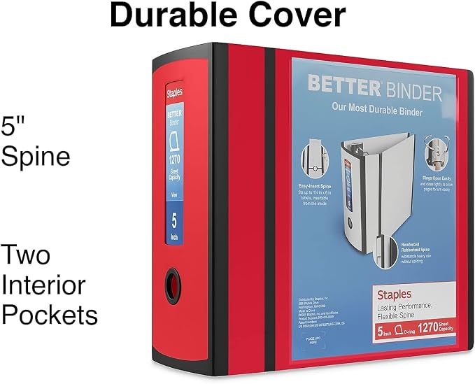 Staples Better Binder, 5" D‑Ring Heavy‑Duty View Binder, Red, Reinforced Spine, High‑Capacity 3‑Ring Binder, Holds up to 1,000 Sheets