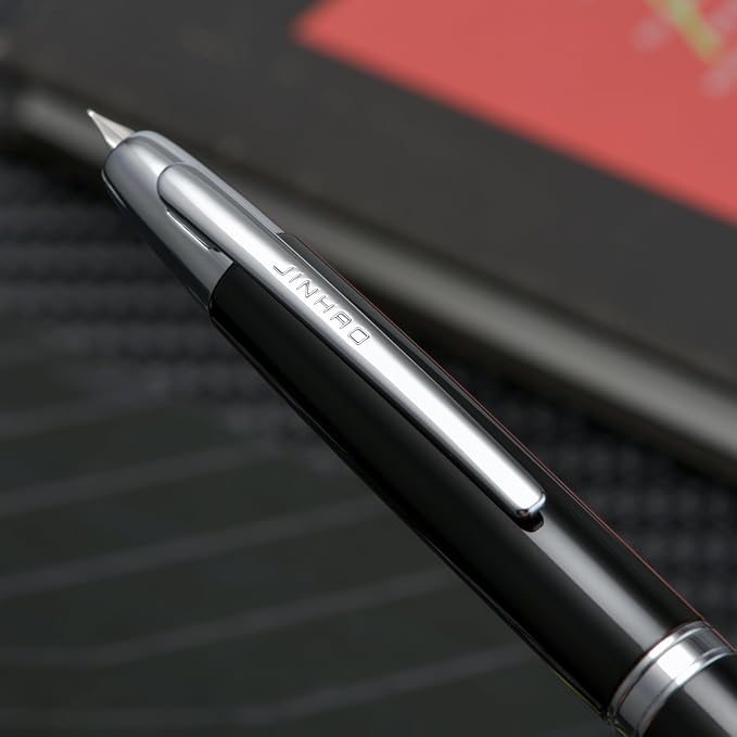 Jinhao 10 Press Fountain Pen with Box, Piano Black Retractable Medium Nib with Ink Converter Set (Silver Clip)