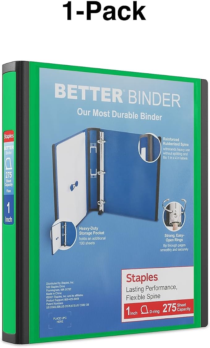 Staples Better View 1-Inch D-Ring Binder, Green – Durable 3-Ring Binder with Clear Overlay for School & Office