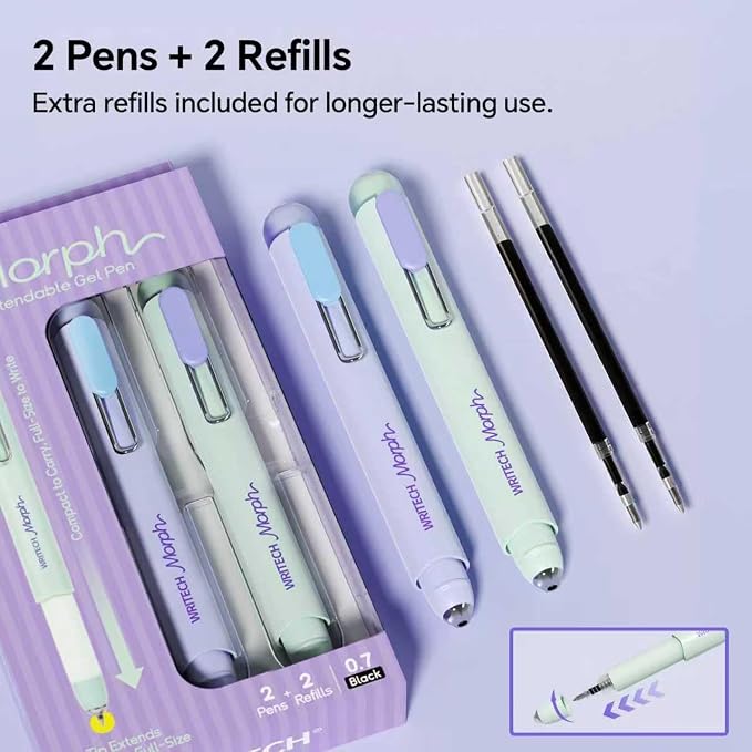 WRITECH Gel Pens Medium Point: Morph 0.7mm Black Ink Mini to Full Size Soft Grip Portable Extendable Pocket Pen Set with 2 Pens and 2 Refills