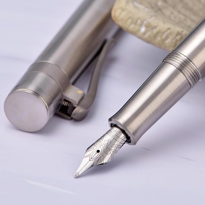 HONG DIAN M2 Titanium Mini Fountain Pen, Long Blade Nib & Sleek Shape Metal Short Pocket Travel Pen (Titanium Gray)