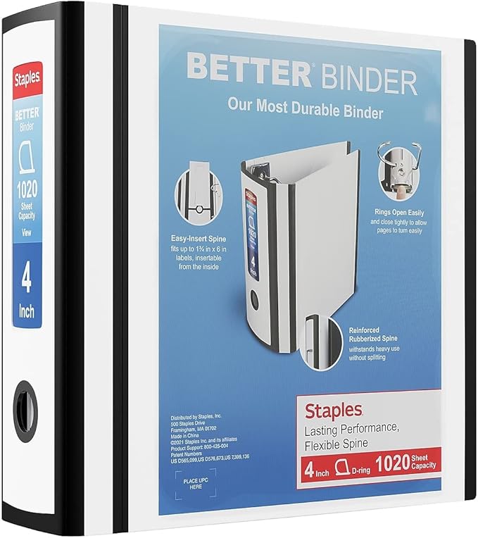 Staples Better View Binder, 4" 3‑Ring Binder, White, Reinforced Spine, High‑Capacity Binder for Home, School & Office Organization