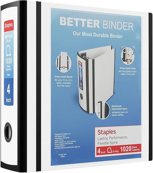 Staples Better View Binder, 4" 3‑Ring Binder, White, Reinforced Spine, High‑Capacity Binder for Home, School & Office Organization