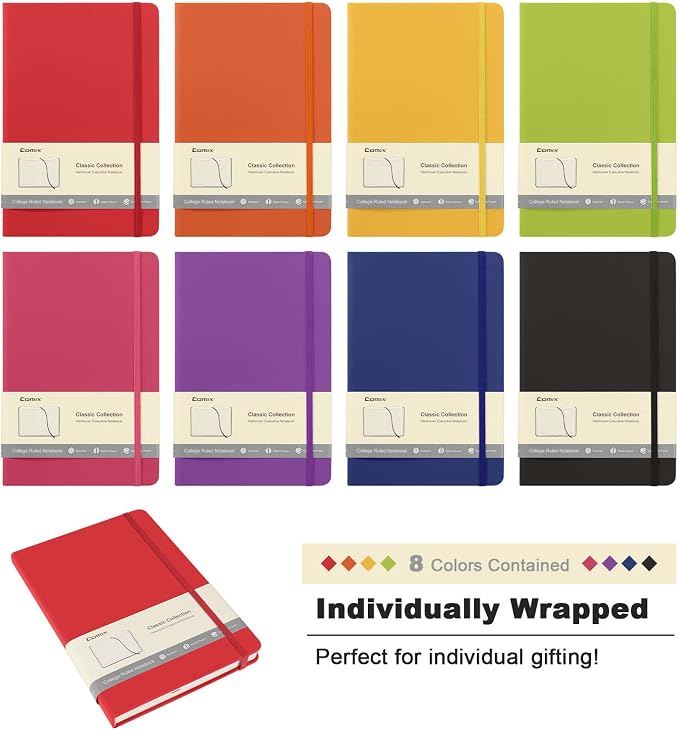 Comix 8 Pack Lined Journal Notebooks for Work, 240 Pages, 5.5"x8.3", Hardcover, A5 Medium College Ruled, Journaling Notebooks for Notes-taking, Fits for Office School Home, Assorted Color