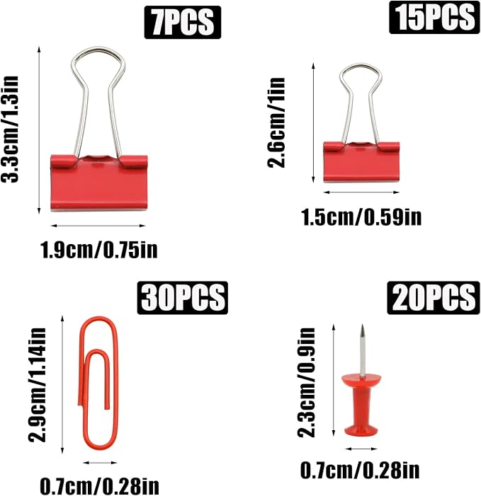 Office Supplies Set, Paper Clips, Push Pins and Binder Clips Set with Box for Office, School and Home(Red)