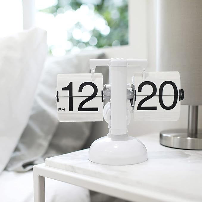 mooas Flip Desk Clock (White), Retro Vintage Design Auto Flip Table Clock | Large Number Battery Powered Internal Gear Operated Home Decor Ideal for Home Office School Hotel Cafe