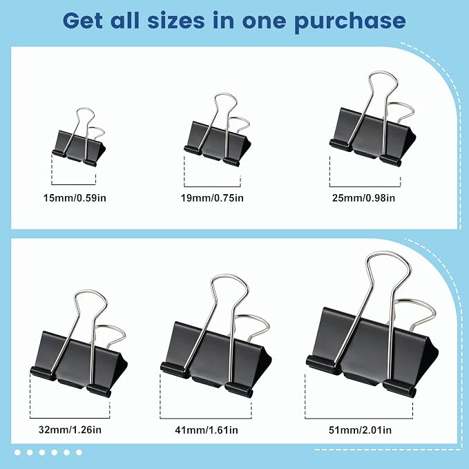 208 PCS Binder Clips Paper Clamps Assorted Sizes Black Metal Bulk Clip | Paper Binder Clip, Black Binding Paperwork Clamp, School Teachers Office Supplies