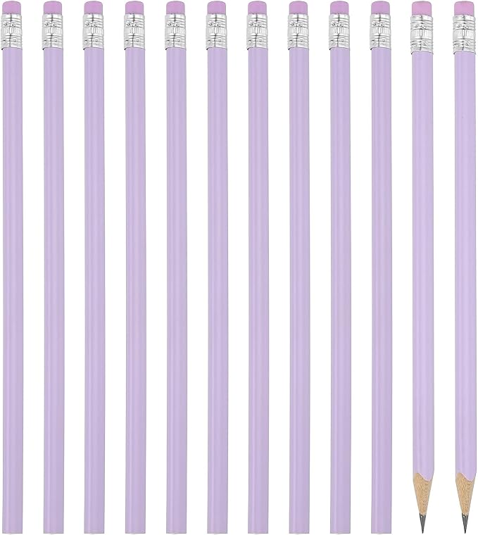 PATIKIL Round Pencils, 12 Pack Triangle HB Graphite Pencil Woodcase Wooden Pencils with Eraser for Classroom Office Writing Drawing Supplies, Purple