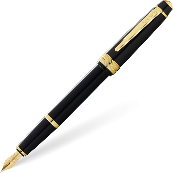 Cross Bailey Light Polished Black Resin and Gold Tone Fine Nib Fountain Pen - Professional Pen for Effortless Writing - Journaling, Note-Taking & More - Black Ink - Easy Handling