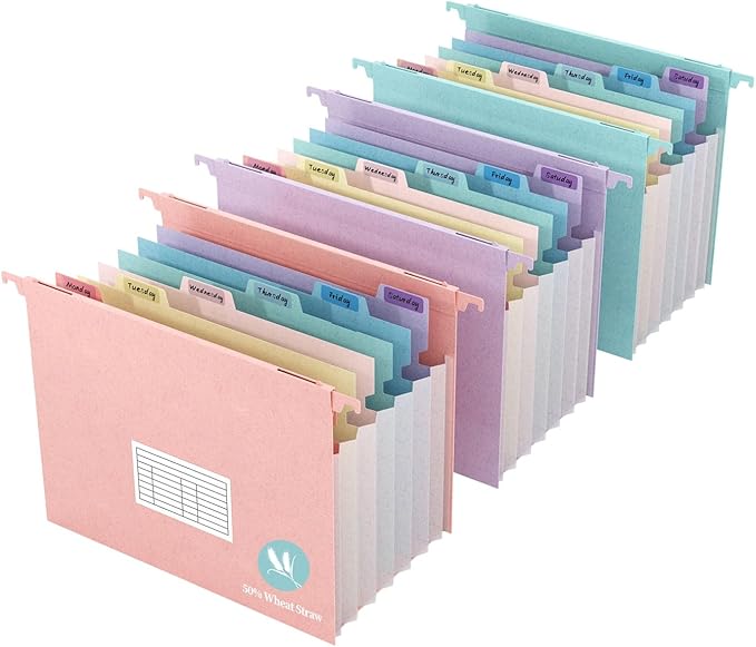 Tbay 6-Pack Expanding Hanging File Folders for Filing Cabinet, 7 Accordion Pockets Filing Cabinet Organizer, 1.2'' Expandable, Multi-Color Tabs, Letter Size, 50% Wheat Straw, Assorted