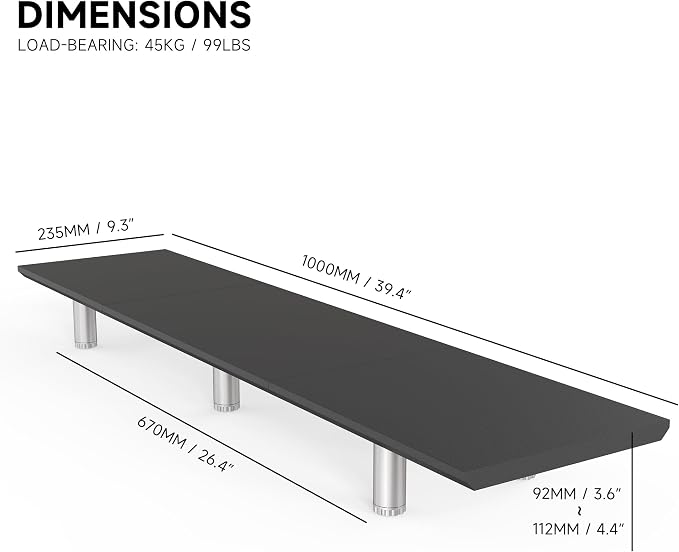 Fenge 39.4” Dual Monitor Stand with Height Adjustable Legs, Black | Wooden & Steel, Ergonomic Height 3.6" to 4.4", Underneath Storage, Holds up to 99lbs, Laptop Monitor Stand for Home Office