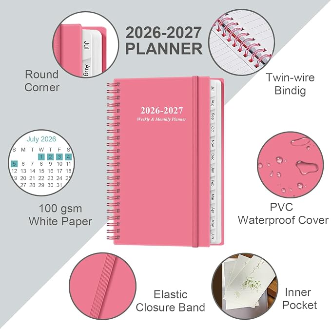 2026-2027 Pocket Planner/Calendar - 2026-2027 Planner from July 2026 - June 2027, Planner 26-27 with 12 Tabs, Twin-Wire Binding, Inner Pocket, 3.75" x 6.75, Pink