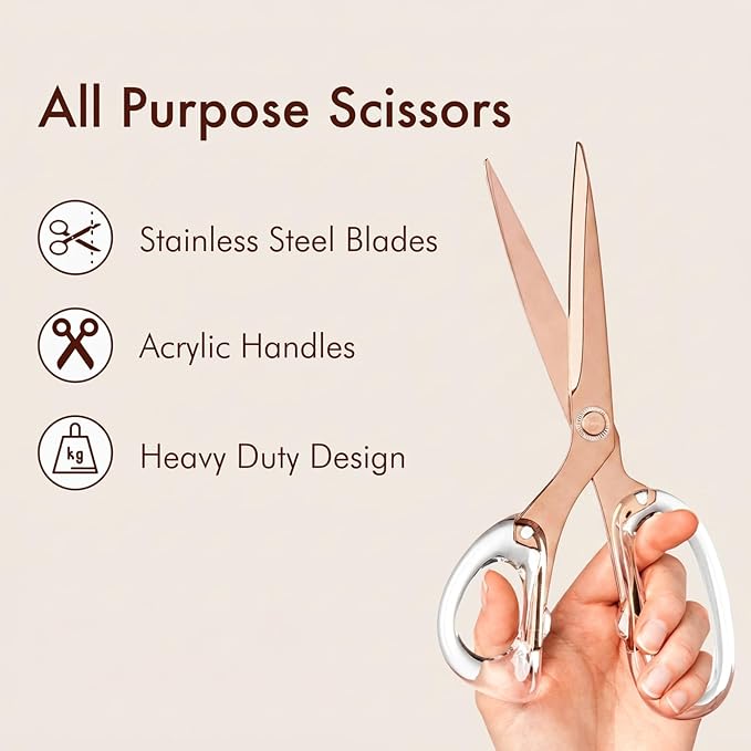 OfficeGoods 9” Stainless Steel Acrylic Scissors For Office and Home - Aesthetic and Sharp All Purpose Scissors, Perfect For Sewing, Arts and Crafts - Clear Rose Gold Metal