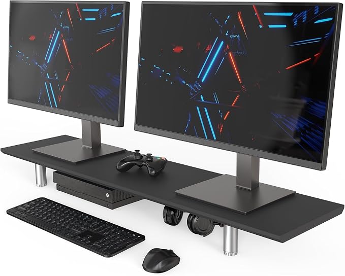 Fenge 39.4” Dual Monitor Stand with Height Adjustable Legs, Black | Wooden & Steel, Ergonomic Height 3.6" to 4.4", Underneath Storage, Holds up to 99lbs, Laptop Monitor Stand for Home Office