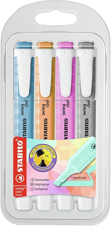 STABILO - swing cool Pastel - Highlighter - Pack of 4 - Dusty Grey, Frozen Fuchsia, Breezy Blue, Pale Orange | Pack of 4 - Dusty Grey, Frozen Fuchsia, Breezy Blue, Pale Orange
