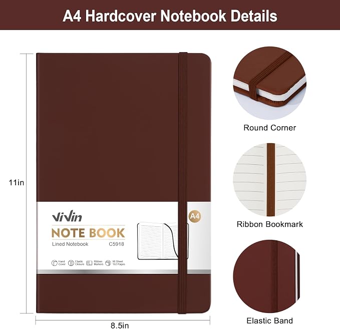 ViVin A4 College Ruled Notebook for Work, 8.5" x 11" Leather Hardcover Journal,192 Pages Professional Lined Notebook for Office & Business