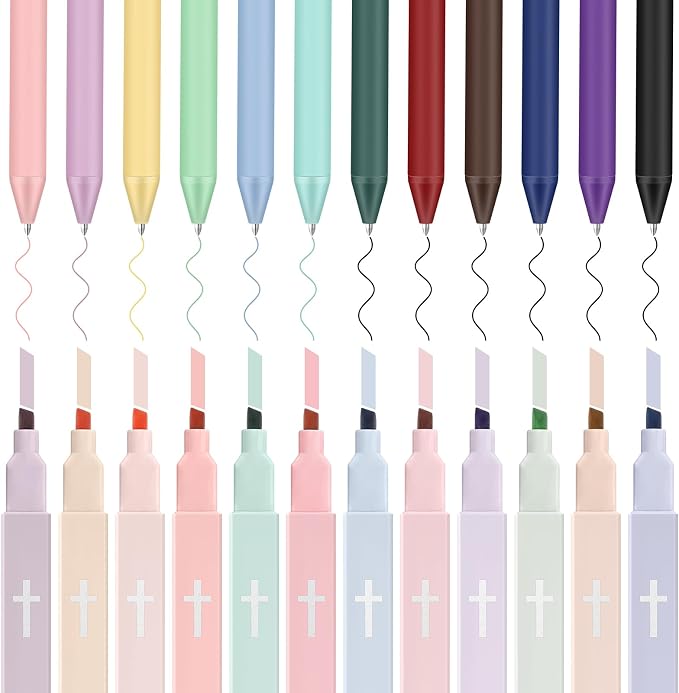24 Pcs Cross Gel Pens and Highlighters Set 6 Gel Pens 0.5mm 6 No Bleed Highlighters Bible Study Pen and Highlighter for Journaling Church Supplies Christian Stationery (Black,Multicolor)