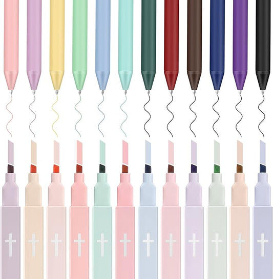 24 Pcs Cross Gel Pens and Highlighters Set 6 Gel Pens 0.5mm 6 No Bleed Highlighters Bible Study Pen and Highlighter for Journaling Church Supplies Christian Stationery (Black,Multicolor)