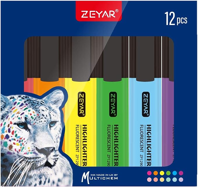 ZEYAR Highlighter, Chisel Tip Marker Pen, AP Certified, Assorted Colors, Water Based, Quick Dry (12 Colors)