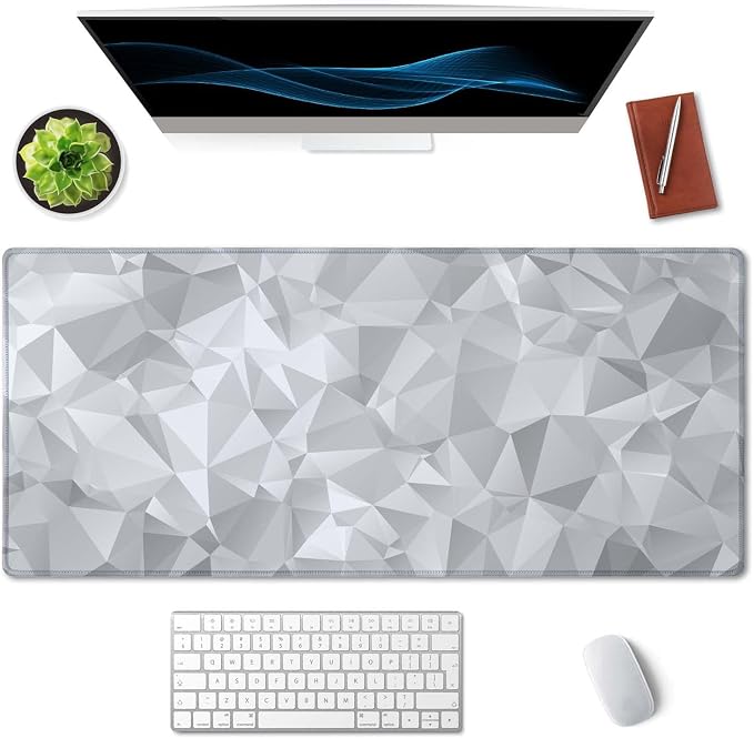 SSOIU Large Mouse Pad, Full Desk XXL Extended Gaming Mouse Pad 35.5" X 15.7", Waterproof Desk Mat Stitched Edges, Non-Slip Computer Keyboard Mousepad for Office and Home, Gray Triangular Abstract