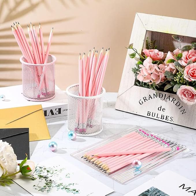 Tinlade 50 Pcs Pink Triangular Grip Pencils Back to School Wood Wedding Pencils HB Graphite Pencil Pack Eraser for Baby Shower Drawing Sketching Bridal Shower Office Supplies