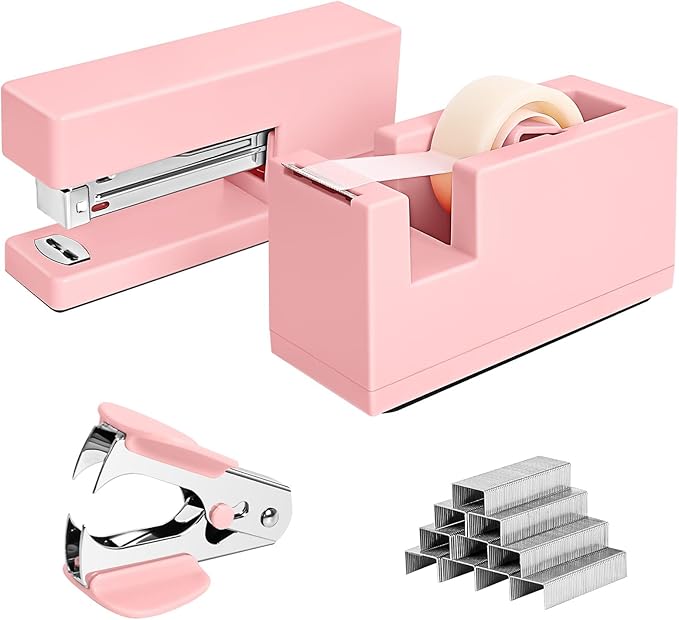 1 Desktop Stapler & 1 Tape Dispenser - 25 Sheet Capacity with 830 Staples and Staple Remover, Non-Slip for Office,School, Home & Classroom, Pink