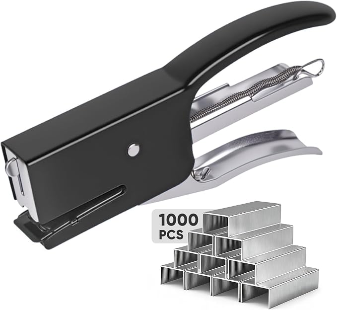 Heavy-Duty Handheld Plier Stapler with 1000 Standard 1/4" Staples, All-Metal Ergonomic Easy Grip Stapler, Smooth Jam-Free for Office, School, Home, Classroom Supplies, Documents, Receipts – Black